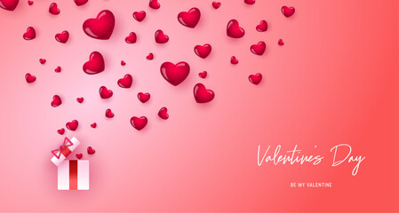 Happy Valentines Day card. Modern design with 3d cute hearts, gift box and red background. Valentine's day concept for celebration, ads, branding, banner, cover template, label, poster, sales.