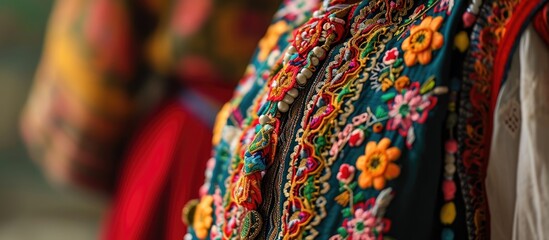 Polish woman's folk costume with colorful embroidery showcased in close-up. - obrazy, fototapety, plakaty