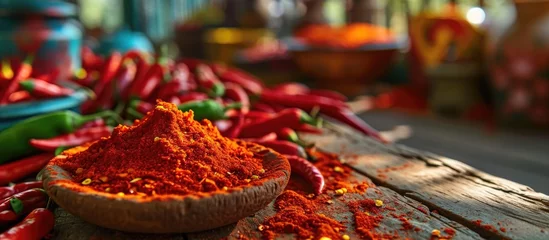 Gordijnen Pigment and flavor from dried red chili or paprika. Used as food coloring and flavoring additive E160c. Derived from Capsicum fruits. © TheWaterMeloonProjec