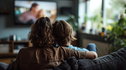 Inclusive Love. A Queer Gay Couple Embracing, Cuddling, Watching TV at Home, Creating a Safe and Intimate Space Together.