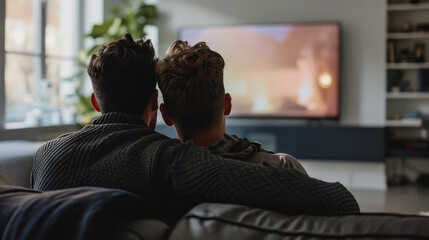 Inclusive Love. A Queer Gay Couple Embracing, Cuddling, Watching TV at Home, Creating a Safe and Intimate Space Together. - obrazy, fototapety, plakaty