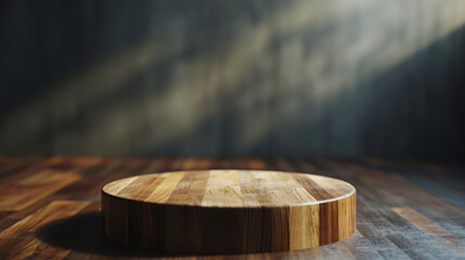 Empty elegant teak wood podium with sun light and grey background for product presentation. Created using generative AI.