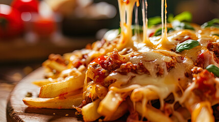Photo of a giant portion of fries with juicy tomato sauce and a generous layer of cheese
