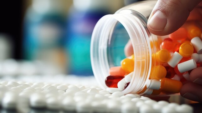 Macro shot of a small pill being counted out and p into a bottle by a pharmacist.