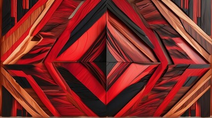 Red and black abstract pattern, in the style of linear patterns and shapes, celestialpunk, wood, patterns, luminous brushwork, wood veneer mosaics