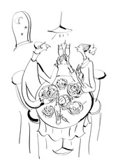 This is a hand-drawn illustration of a couple toasting with wine for dinner