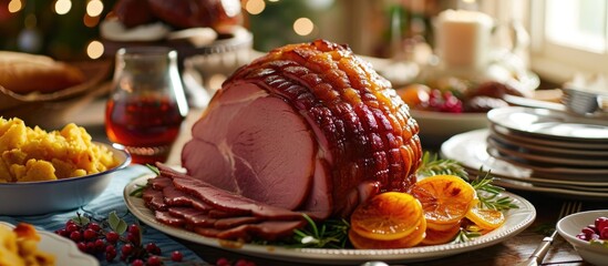 Traditional side dishes accompany a honey glazed spiral cut ham for holiday dinner. - obrazy, fototapety, plakaty