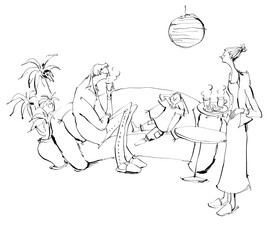 This hand-drawn illustration shows a family relaxing on a sofa in a living room.