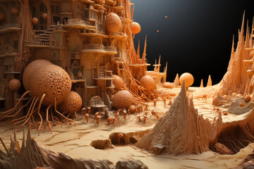 The microbial world within a termite's mound, showcasing the intricate collaboration between microbes and termites in breaking down cellulose. Generative Ai.