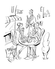 This is a hand-drawn illustration of two women enjoying lunch at a restaurant.