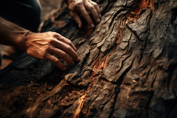 A person's hand tracing the outline of a tree bark, connecting with the textures of nature and...