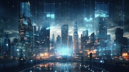 Modern City Showed in Particles Hologram Cyberpunk Style