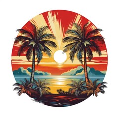 Tropical paradise palm trees and sun logo concept poster for the holidays and vacation Summer paradise