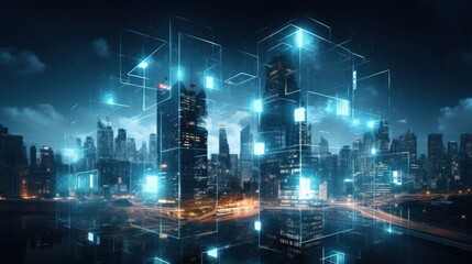 Modern City Showed in Particles Hologram Cyberpunk Style