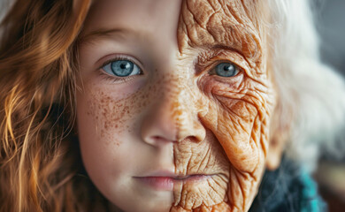An Aging Portrait of Time: A Striking Composite of Young and Old in a Single Face of the Same Person as a Girl and Grandma or Grandmother - obrazy, fototapety, plakaty