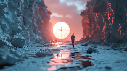 3D illustration concept about time running out with a clock and person  - obrazy, fototapety, plakaty
