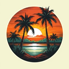 Tropical paradise palm trees and sun logo concept poster for the holidays and vacation Summer paradise