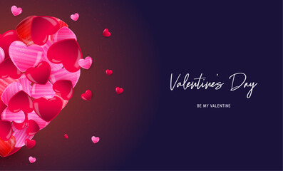 Happy Valentines Day card. Modern design with 3d hearts, 
shining lights and black background. Valentine's day concept for celebration, ads, branding, banner, cover template, label, poster, sales.