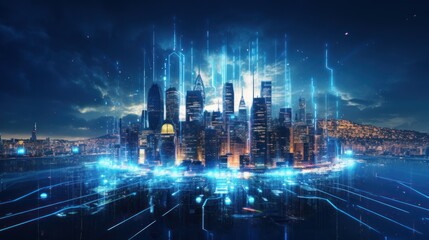 Modern City Showed in Particles Hologram Cyberpunk Style