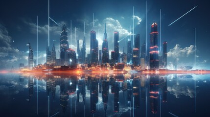 Fototapeta premium Modern City Showed in Particles Hologram Cyberpunk Style