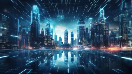 Modern City Showed in Particles Hologram Cyberpunk Style - obrazy, fototapety, plakaty