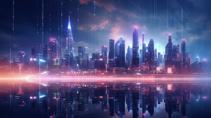 Modern City Showed in Particles Hologram Cyberpunk Style