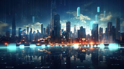 Modern City Showed in Particles Hologram Cyberpunk Style