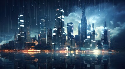 Fototapeta premium Modern City Showed in Particles Hologram Cyberpunk Style