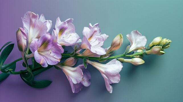 Freesias on a soft purple-to-green gradient paper.