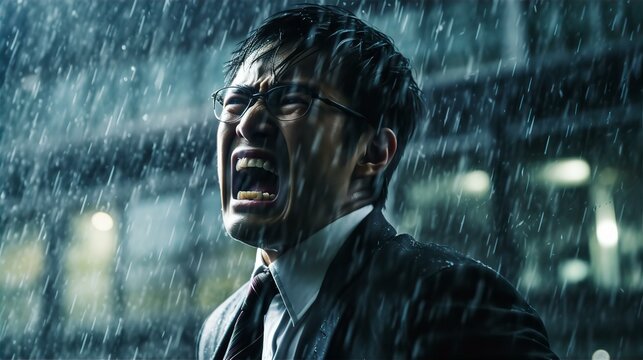 雨の中泣き叫ぶビジネスマン・悲しい・号泣・辛い・悔しい・ショック・絶望・倒産・リストラ・いじめ
