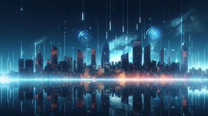 Modern City Showed in Particles Hologram Cyberpunk Style