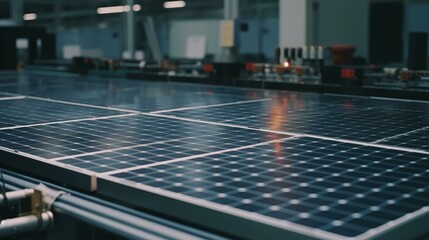 未来へのエネルギー・工場で生産されるソーラーパネル・太陽光ソーラーパネルの製造風景
