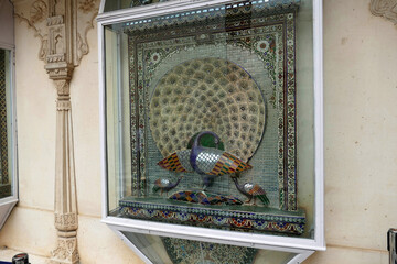Peacock mosaic in courtyard of Palace, Udaipur, Rajasthan, .