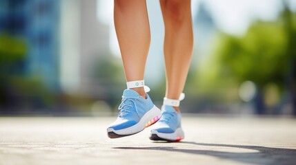 Closeup of a patient wearing a fitness tracker on their ankle, monitoring their balance and gait.