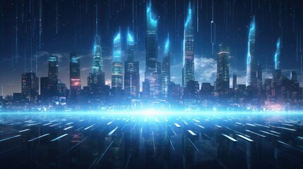 Modern City showed in Particles Hologram Cyberpunk Style