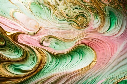 Liquid lightgreen and pink and white textures giving rise to intricate golden shape