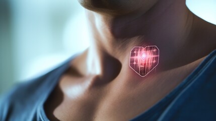 Closeup of a wireless patch sticked to a patients chest, transmitting vital signs for remote cardiac monitoring. - obrazy, fototapety, plakaty