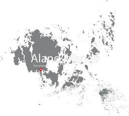Gray Map of Aland Islands with location marker of the capital and inscription of the name of the country and the capital inside map