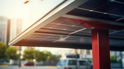 Detail of a solar panel installed on top of a bus shelter, providing renewable energy to the transportation hub. - obrazy, fototapety, plakaty