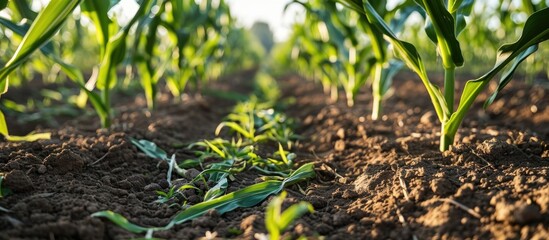 Young corn crops being damaged by environmental stress in the field. - obrazy, fototapety, plakaty