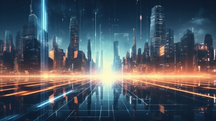 Modern City showed in Particles Hologram Cyberpunk Style