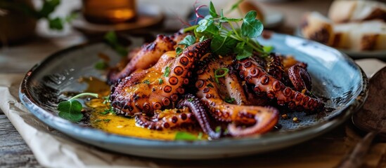 Traditional Spanish tapas dish with Galician-inspired octopus. - obrazy, fototapety, plakaty