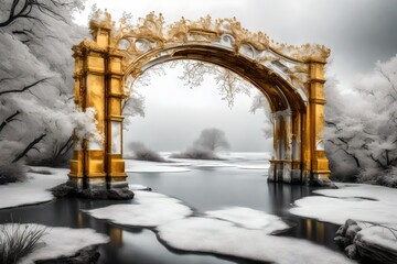 A golden gateway within a liquid grayand white dreamscape