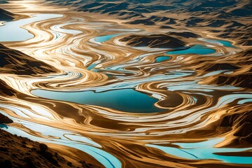 A golden river winding through an abstract landscape of liquid blue and white. -