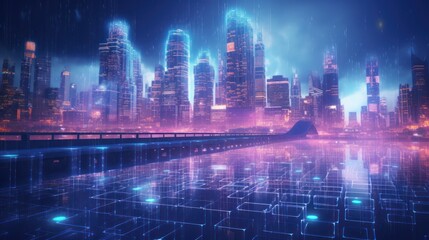 Modern City showed in Particles Hologram Cyberpunk Style