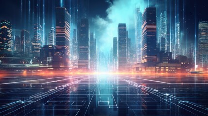 Modern City showed in Particles Hologram Cyberpunk Style