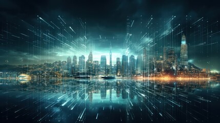 Modern City showed in Particles Hologram Cyberpunk Style