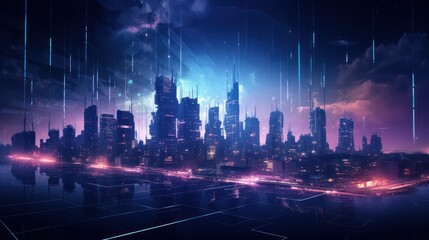 Modern City showed in Particles Hologram Cyberpunk Style