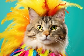 Happy cat in Brazilian carnival clothes