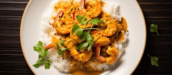 Fototapeta premium Top-down view of rice and shrimp in curry sauce on a plate.